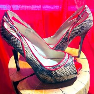 Guess open toe snake heels
